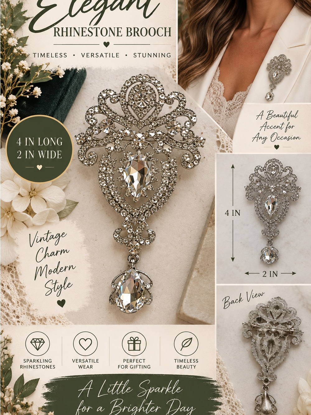 800 Vintage-Inspired Silver Rhinestone Brooch - Sparkling Teardrop Accent